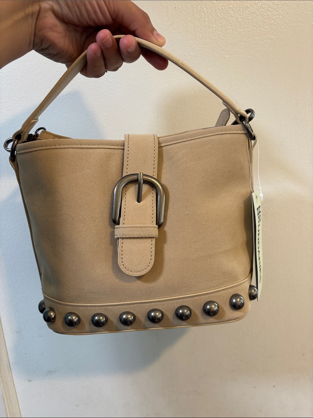 No Boundaries Beige Studded Bucket Shoulder Bag